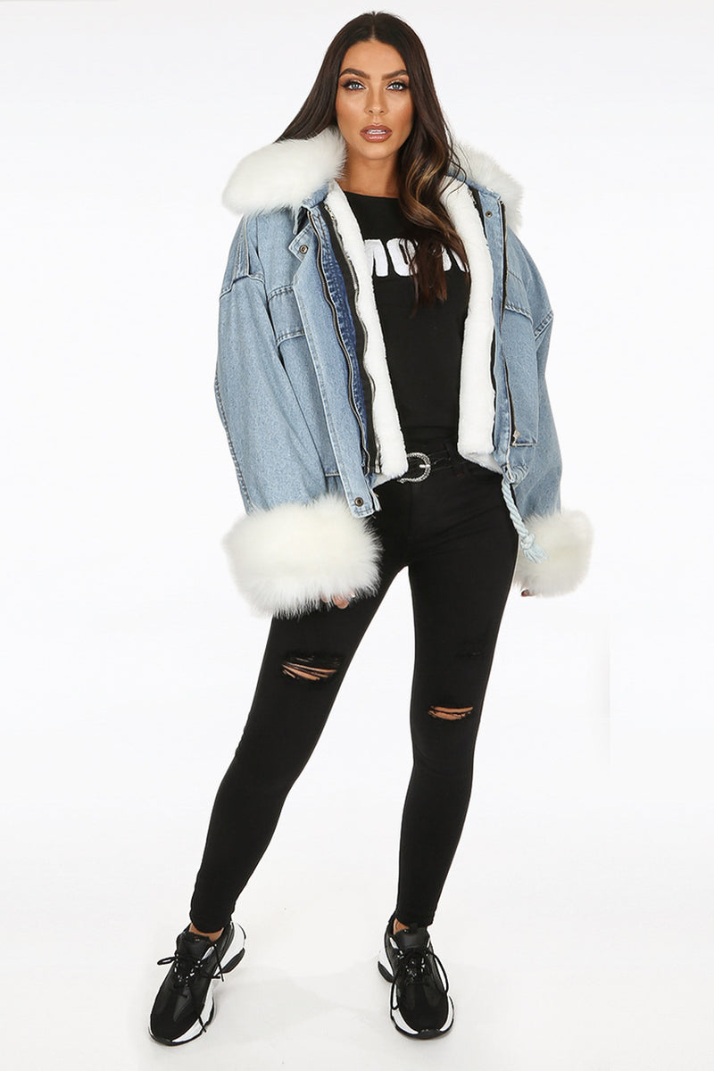 New Ladies Fur Lined Oversized Denim Jacket With Detachable Fur Cuff &  Collar | eBay